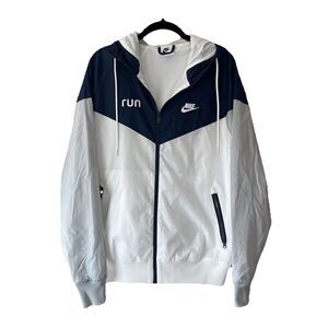 Nike Run Windbreaker Jacket Small Navy White Hooded Full Zip Lightweight
